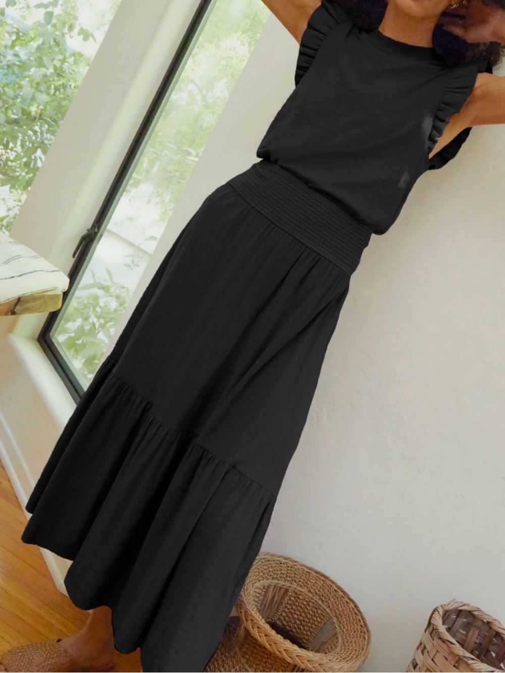 Nation LTD Black Yasmine Tiered Midi Skirt 100% Pima Cotton Smocked Shirred